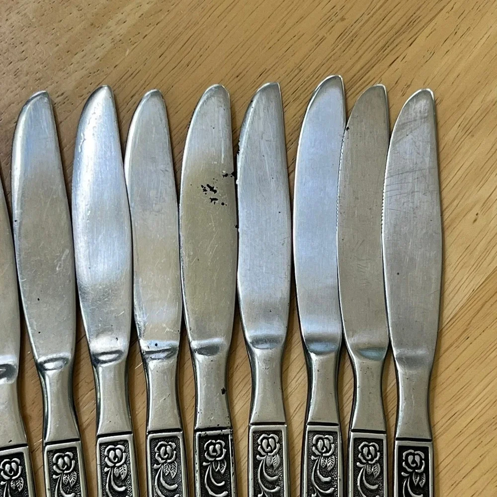 Vintage Nasco Stainless Korea Floral Rose Castellano Dinner Knives Set of 14